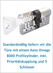 Standardmäßig liefern wir die Türe mit einem Keso Omega 8000 Profilzylinder, inkl. Prioritätskupplung und 5 Schlüssel
